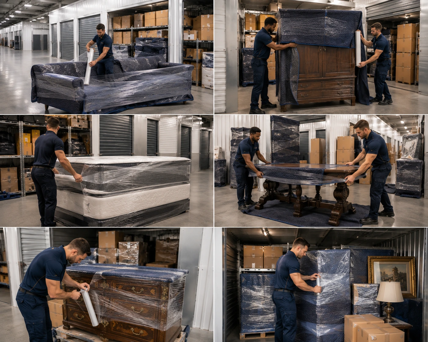 professional movers packing a storage warehouse